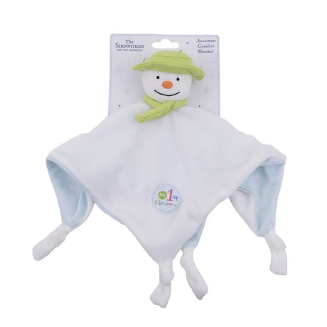 A plush toy resembling a snowman with a green hat and scarf, white blanket body, and an orange nose,