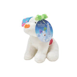 White plush Snowdog toy with colourful ears and the snowman tag on a white background