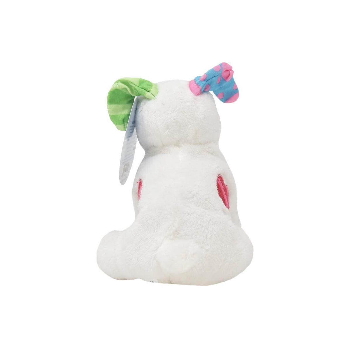 White plush Snowdog toy with colourful ears on a white background