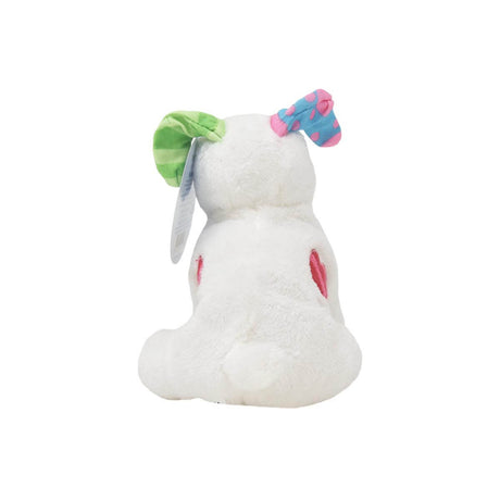White plush Snowdog toy with colourful ears on a white background