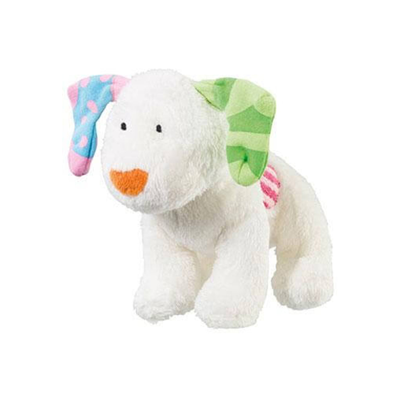 White plush Snowdog toy with colourful ears on a white background