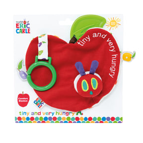 A Very Hungry Caterpillar themed comfort blanket for babies, with the product visible in a red apple shape with a plush caterpillar face peeking out.