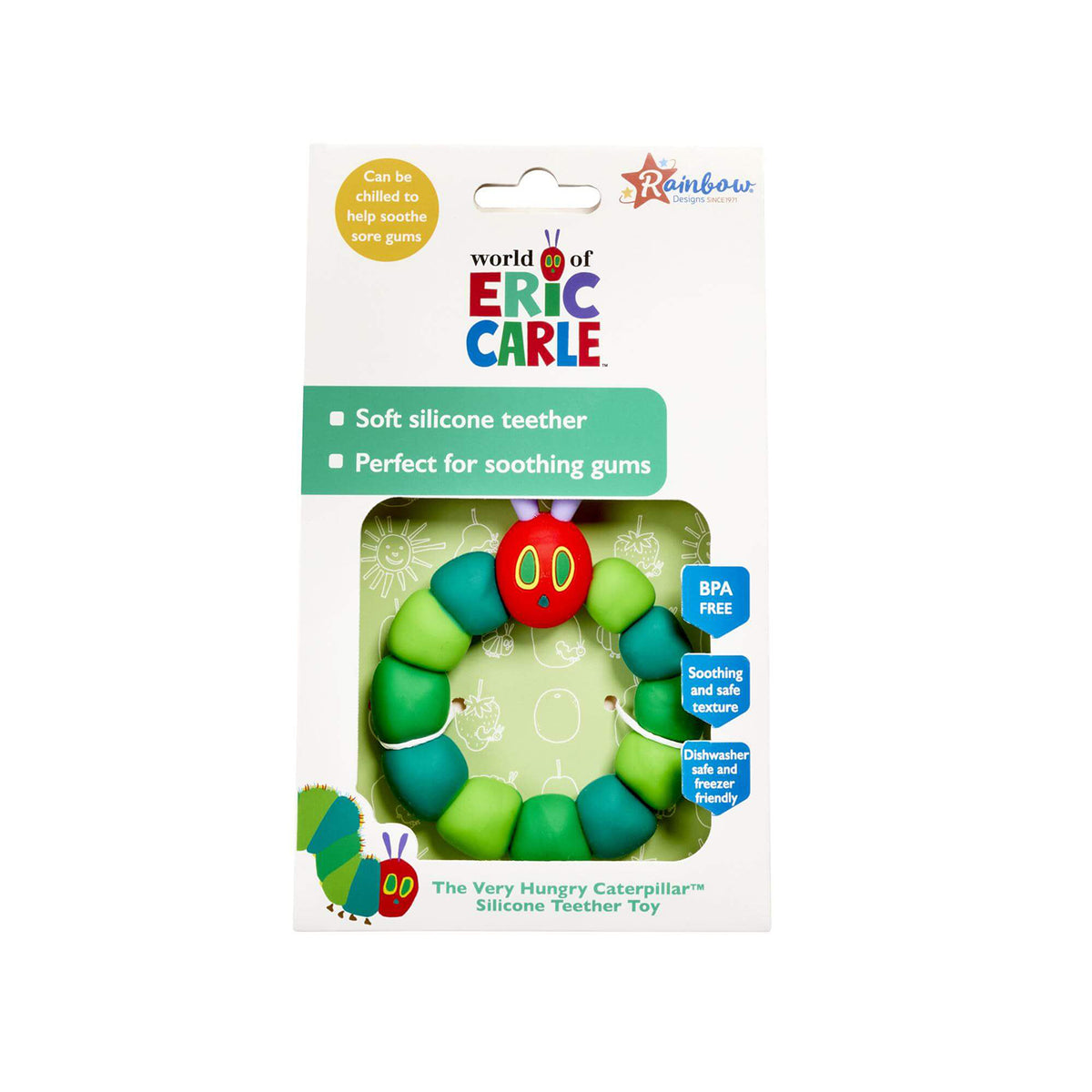 The Very Hungry Caterpillar Silicone Teether in Eric Carle packaging by Rainbow Designs - BPA free baby teether
