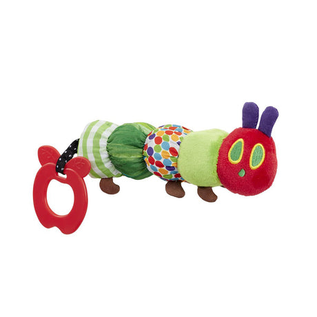 A colourful teether rattle designed to look like the Hungry Caterpillar with a red head, multicolored body and apple teether attactable. It is intended for babies and toddlers. 