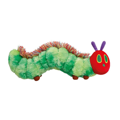 Plush toy caterpillar with a red face and green body on a white background