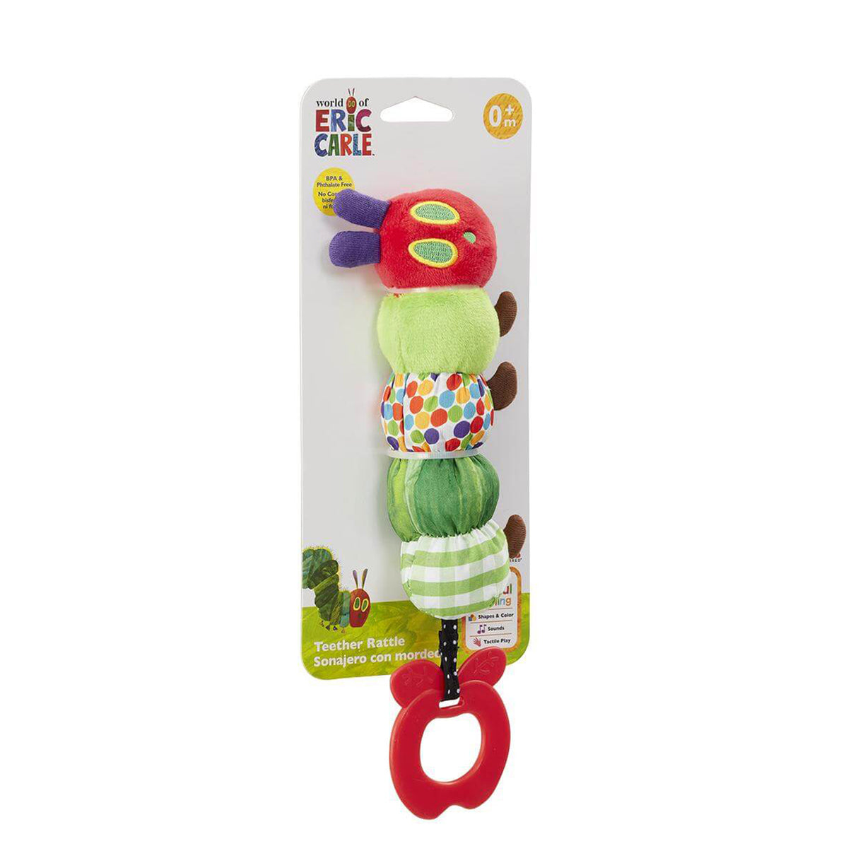 A colourful teether rattle designed to look like the Hungry Caterpillar with a red head, multicolored body and apple teether attactable. presented on illustratored card