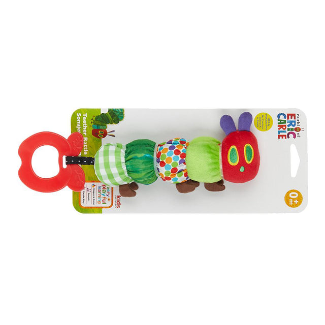 A colourful teether rattle designed to look like the Hungry Caterpillar with a red head, green body, and a purple and multicolored patterned tail. It is intended for babies and toddlers.