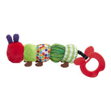 A colourful teether rattle designed to look like the Hungry Caterpillar with a red head, green body, and an attractanle apple teether.