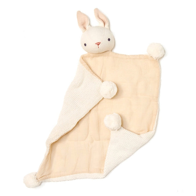 Cute baby plush toy soother blanket, resembling a bunny, on a white background