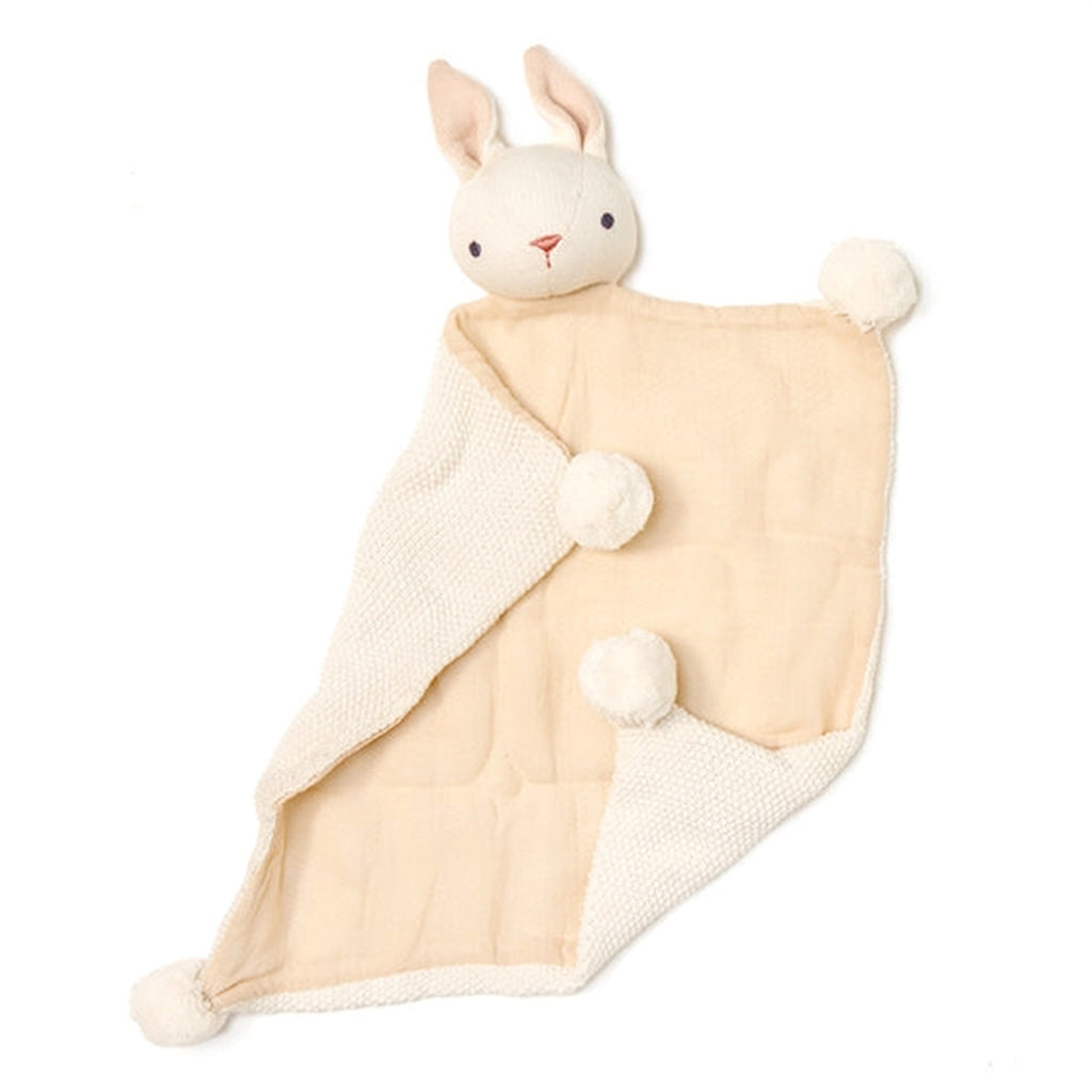 Cute baby plush toy soother blanket, resembling a bunny, on a white background