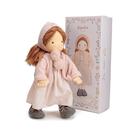 Rag Doll in pink outfit with matching box on a white background