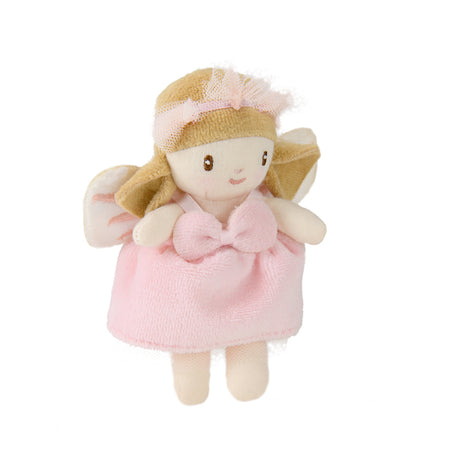 A plush toy designed like the tooth fairy, with a pink dress and embroidered wings, 