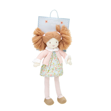 Threadbear Plush Rag doll with brown. ginger hair, floral dress and pink cardigan