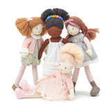Set of four dolls with different hairstyles and outfits on a white background