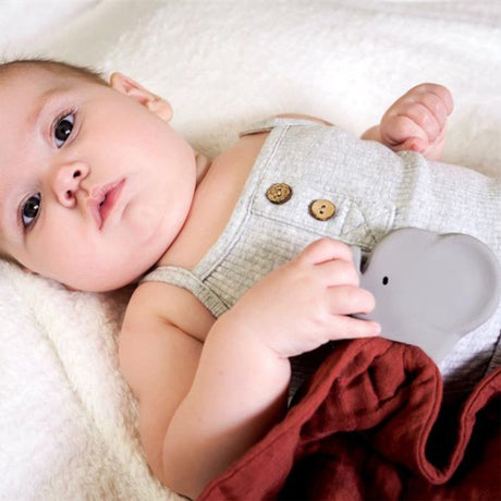 Baby holding a a soother blanket with organic rubber elephant teether