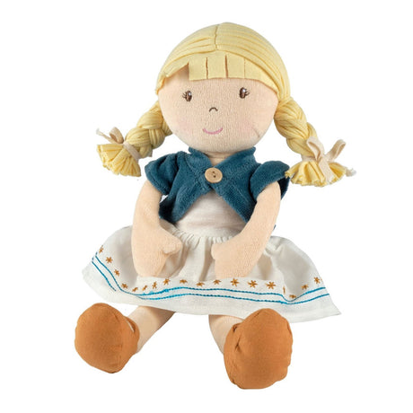 Plush doll with blonde hair, blue cardigan, and white dress on a white background