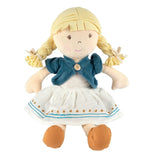 Plush toy doll with blonde hair, blue jacket, and white dress on a white background
