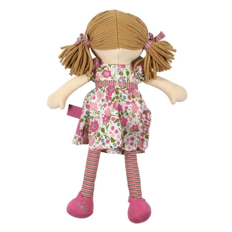 Soft rag doll with pigtails wearing a pink and green floral dress and matching tights and hair ties. 