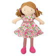 Soft rag doll with pigtails wearing a pink and green floral dress and matching tights and hair ties. 
