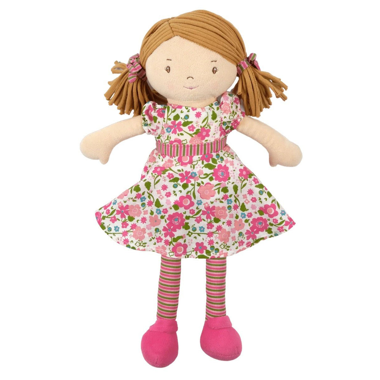 Soft rag doll with pigtails wearing a pink and green floral dress and matching tights and hair ties. 
