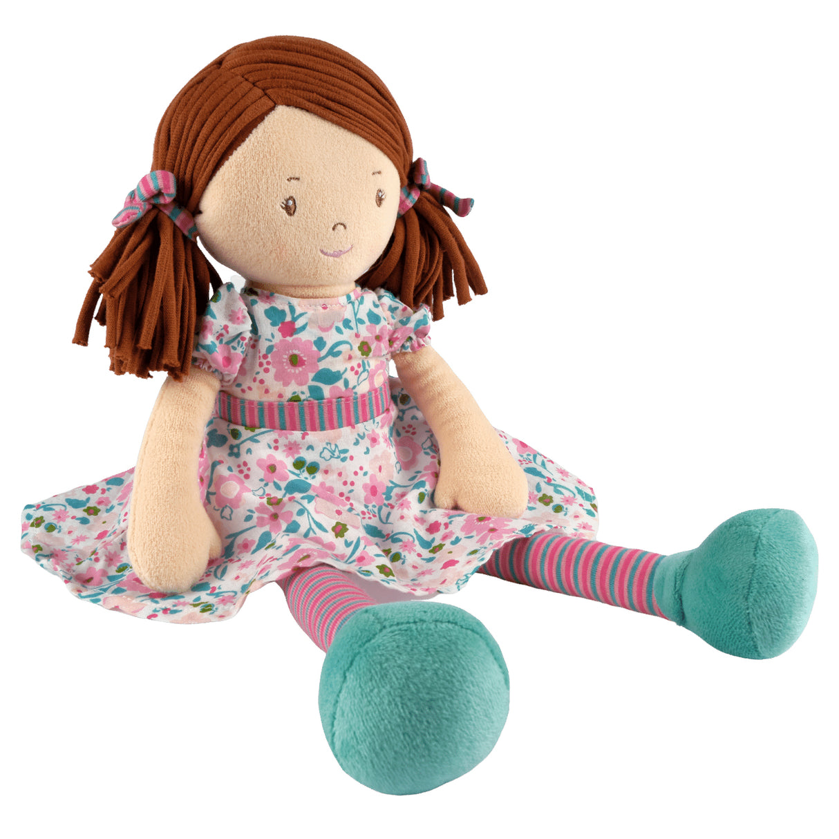 Soft rag doll with brown hair with pigtails wearing a floral pink and turquoise dress, stripey tights and turquoise shoes