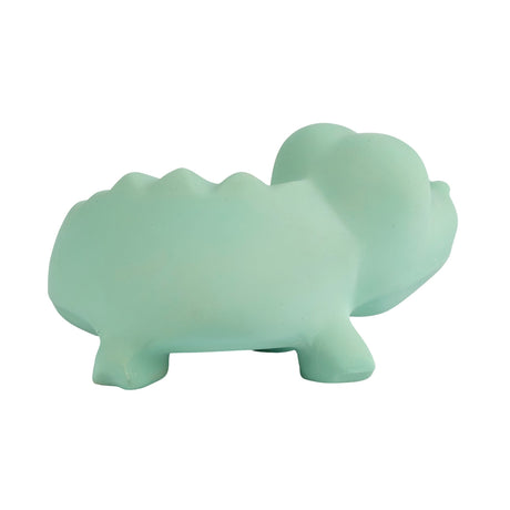 Light green rubber crocodile teether bath toy on a white background