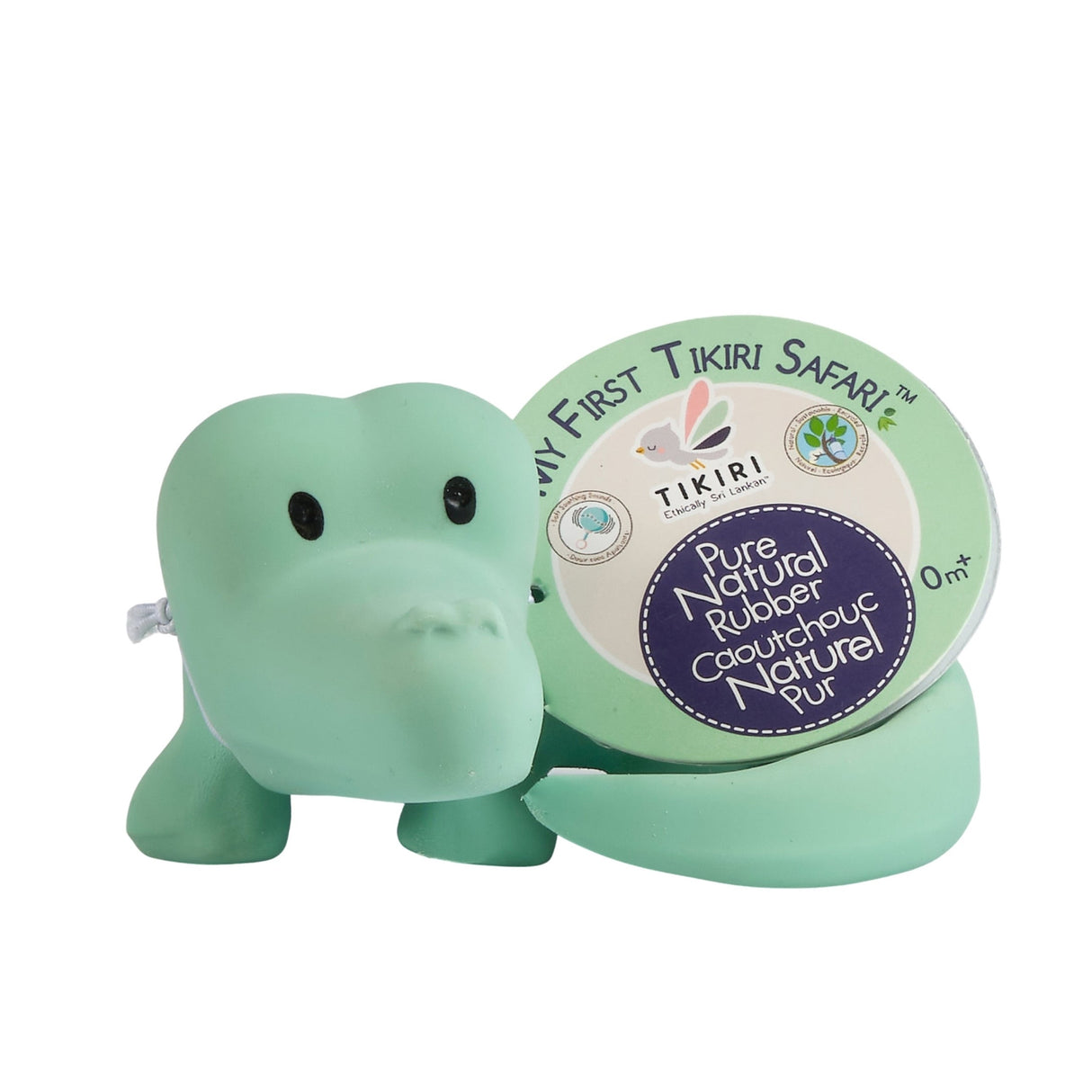 Light green rubber crocodile teether bath toy with label on a white background 