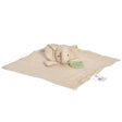 Baby muslin comforter with attached elephant head and green leaf teether