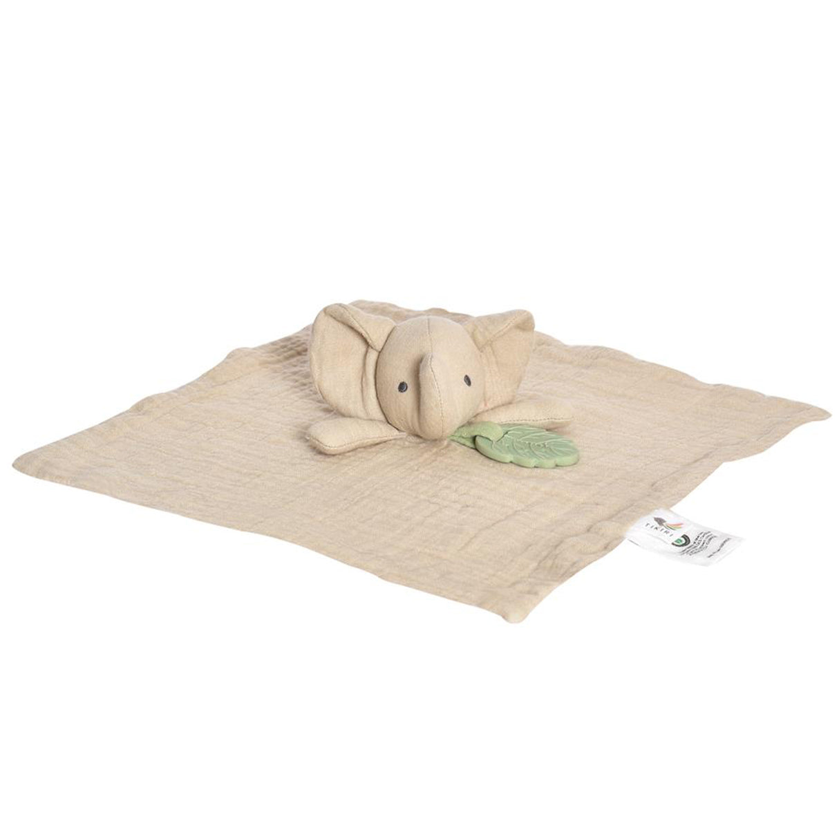 Baby muslin comforter with attached elephant head and green leaf teether
