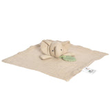 Baby muslin comforter with attached elephant head and green leaf teether