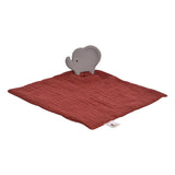 Rust red soft comforter with a grey elephant teether toy