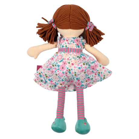 Soft rag doll with brown hair with pigtails wearing a floral pink and turquoise dress, stripey tights and turquoise shoes from the back