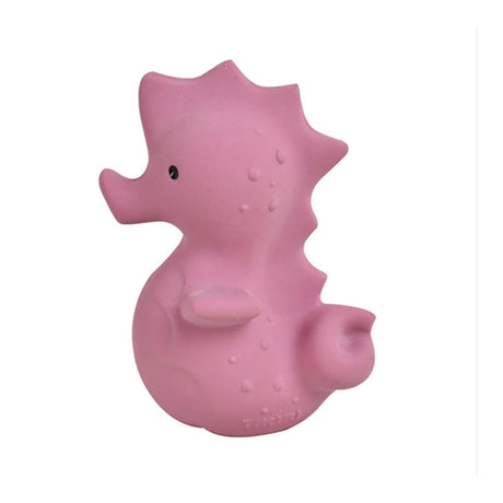 Pink seahorse-shaped rubber teether toy on a white background