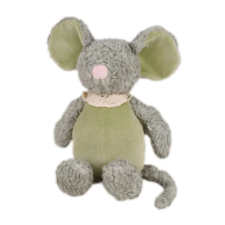 Organic soft toy mouse with grey fur and green ears and tummy
