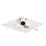 A baby muslin comforter with an attached zebra toy and a natural rubber teether leaf on the other, presented on a white background.