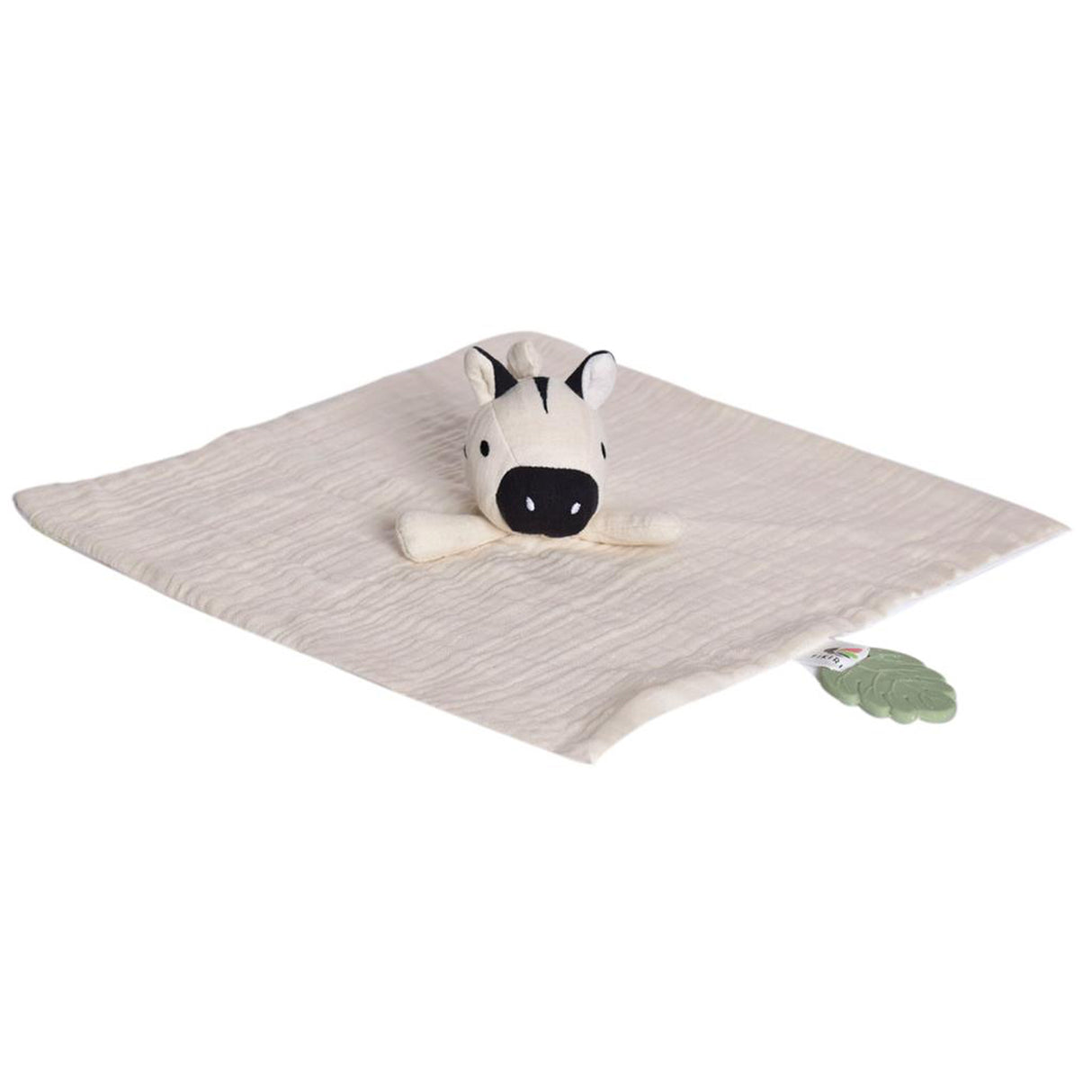 A baby muslin comforter with an attached zebra toy and green leaf teether