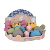 Set of colorful rubber toys in a Tikiri packaging on a white background