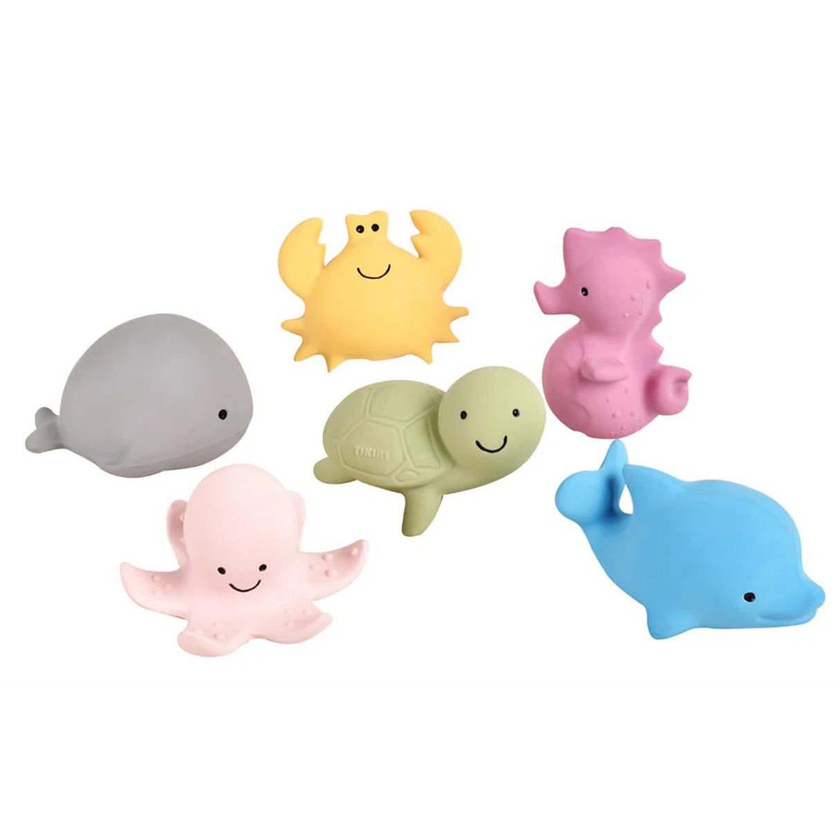 Set of colorful sea creature bath toys on a white background