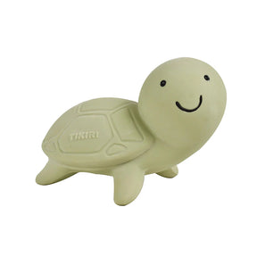 Green turtle-shaped rubber toy with a smiley face on a white background