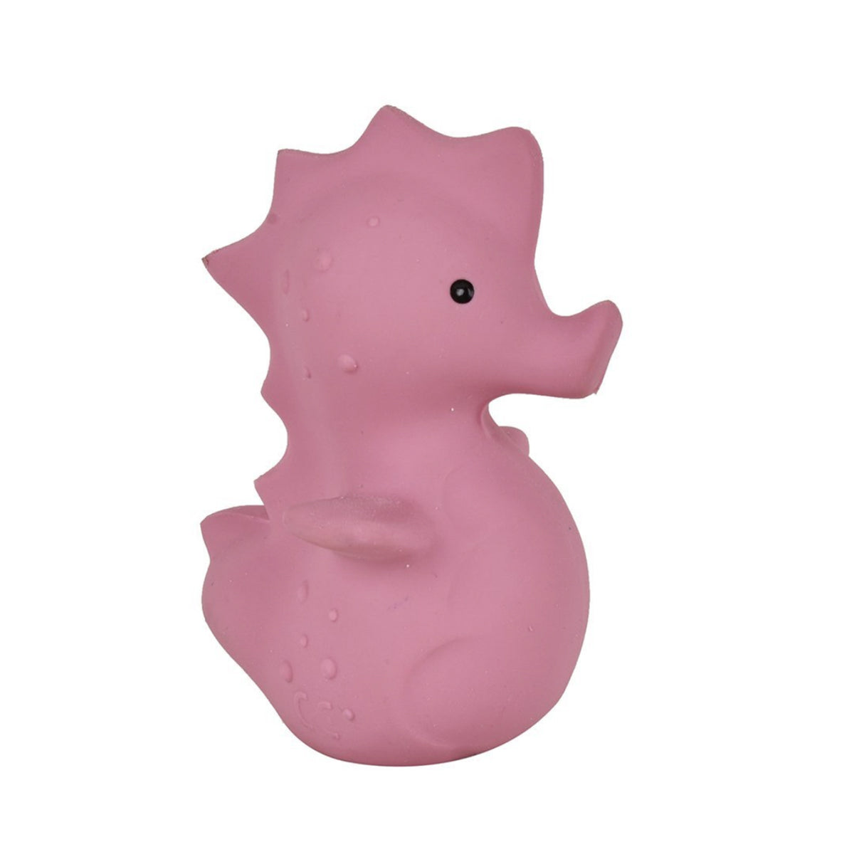 Pink seahorse-shaped baby rubber teether toy on a white background