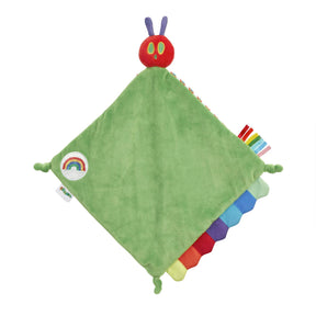 The Very Hungry caterpillar Green comfort blanket with colorful rainbow edges and  tags.