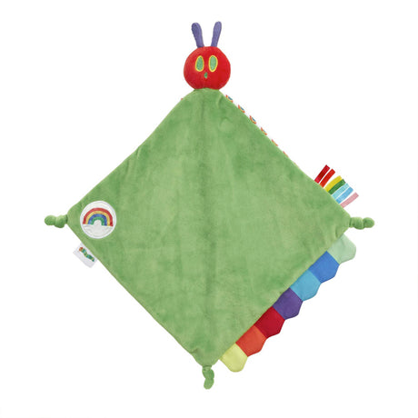 The Very Hungry caterpillar Green comfort blanket with colorful rainbow edges and  tags.