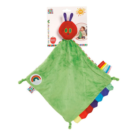 Very Hungry caterpillar Green comfort blanket with colorful rainbow edges and  tags. Comes with packaging