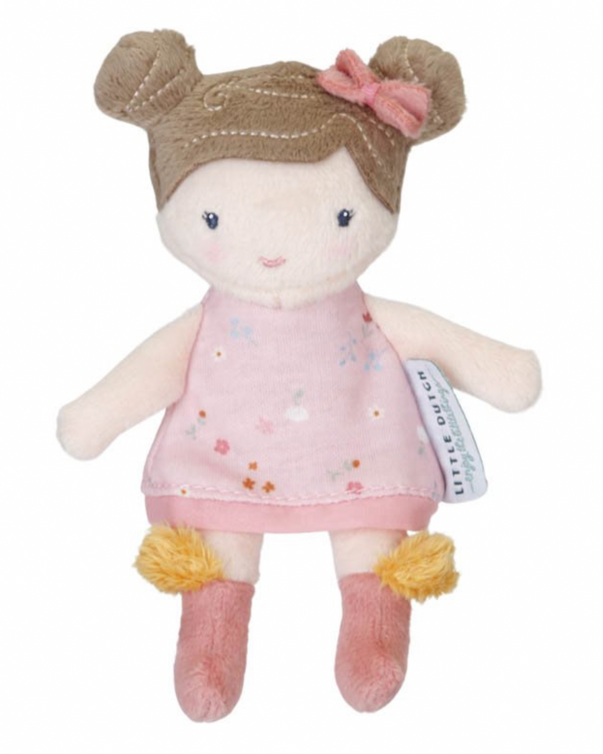 Little Dutch Cuddle Doll Rosa 10cm - soft plush doll in pink floral dress with yellow pompom shoes, front view