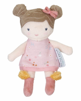 Little Dutch Cuddle Doll Rosa 10cm - soft plush doll in pink floral dress with yellow pompom shoes, front view