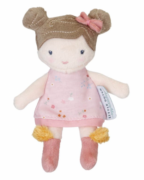 Little Dutch Cuddle Doll Rosa 10cm - soft plush doll in pink floral dress with yellow pompom shoes, front view