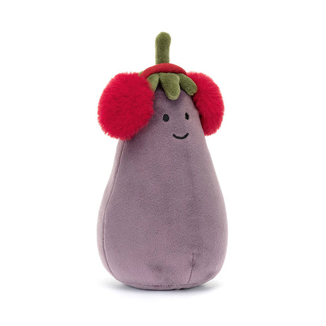 A plush toy resembling an aubergine with a smiling face, wearing fluffy red earmuffs with a green leaf on top, on a white background.