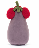 A plush toy resembling an aubergine, wearing fluffy red earmuffs with a green leaf on top, on a white background.