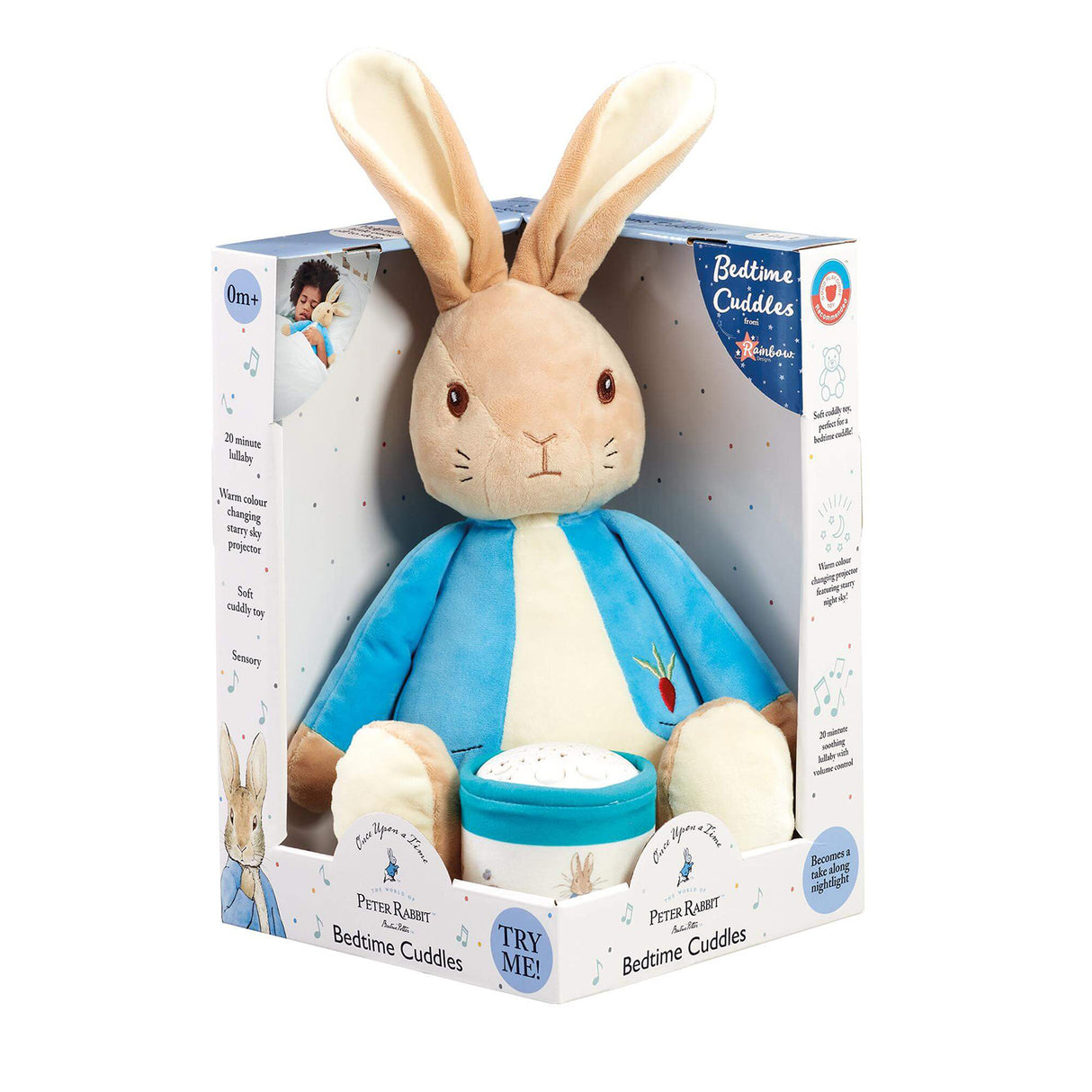 Soft toy Peter Rabbit in a packaging box with branding and product details.