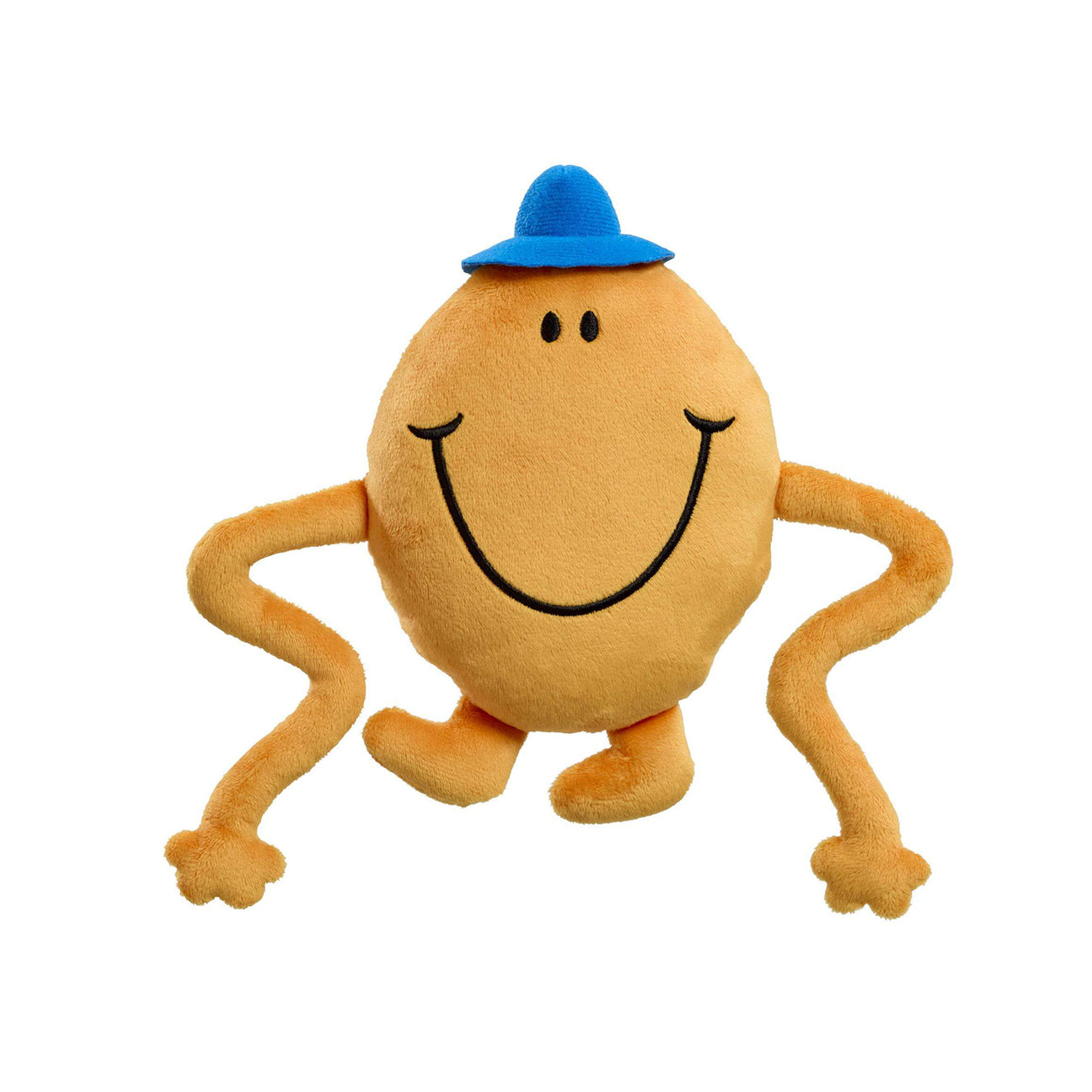 Mr mens Mr Tickle soft toy with long arms, orange body, blue hat and a big smile